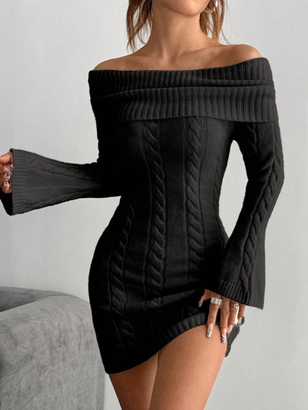 Black Casual Women's Off-The-Shoulder Cable-Knit Slim-Fit Sweater Dress